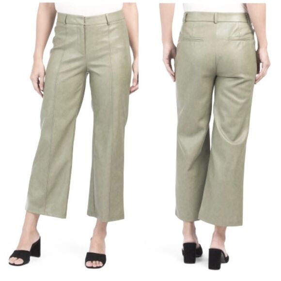 7 For All Mankind Sage Green Distressed Faux Leather Wide Leg Pants Large NWT - Picture 1 of 6